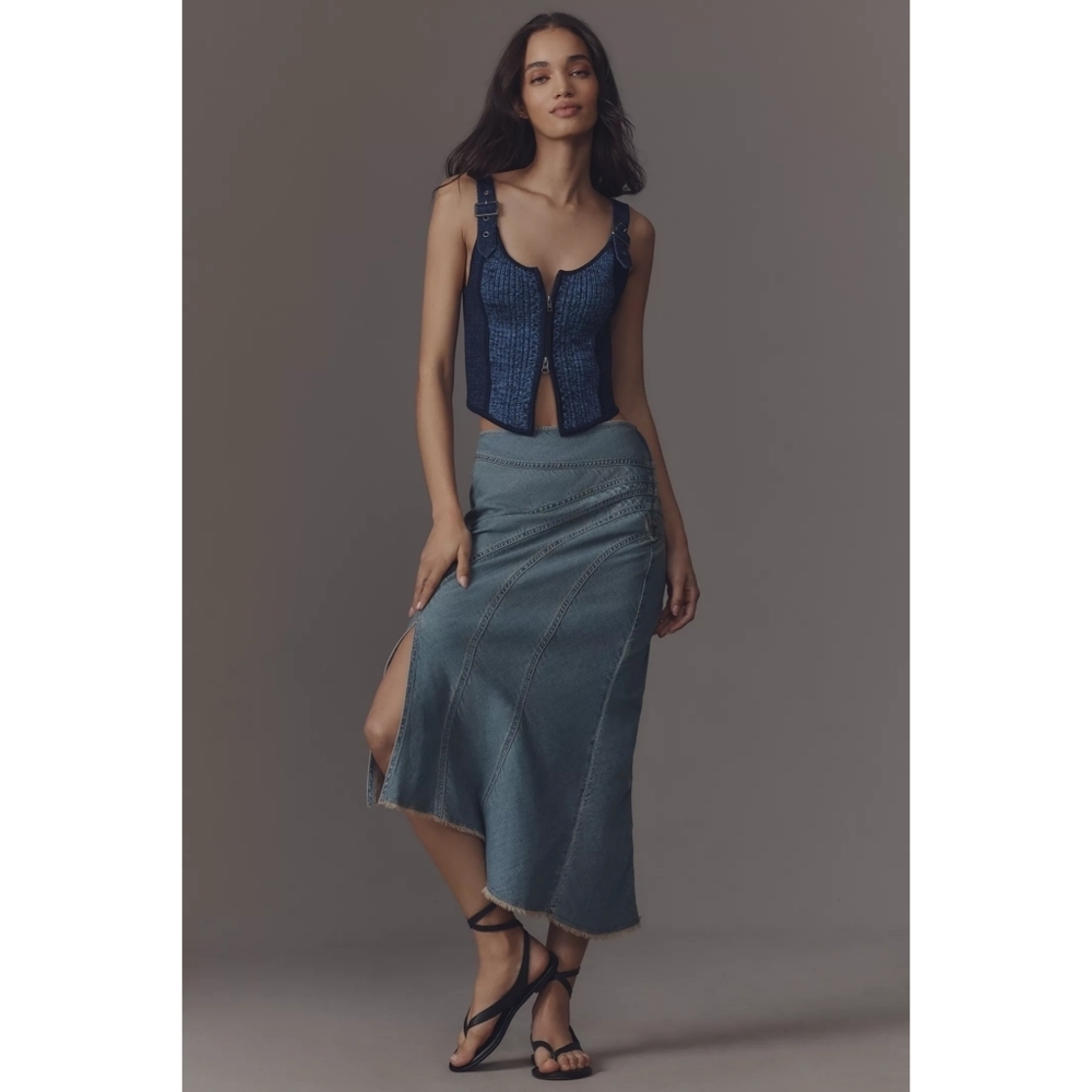 ANTHROPOLOGIE // pilcro asymmetric frayed patchwork light denim slit midi skirt